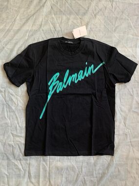 Balmain Black T-Shirt with Teal Script Logo